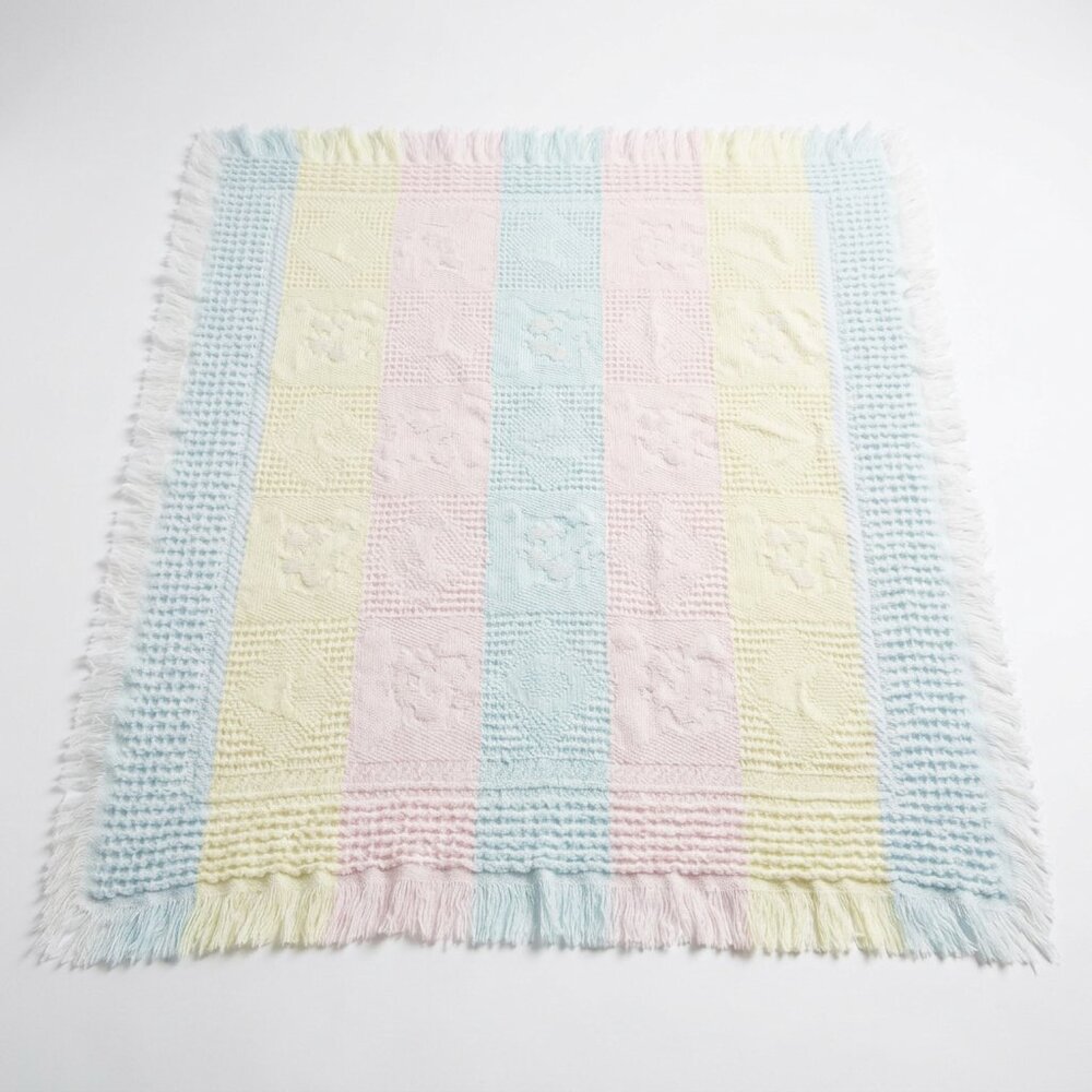 Baby Kisses Knit Blanket - Pastel Blue Pink Yellow Bears - Fringe 100% Acrylic